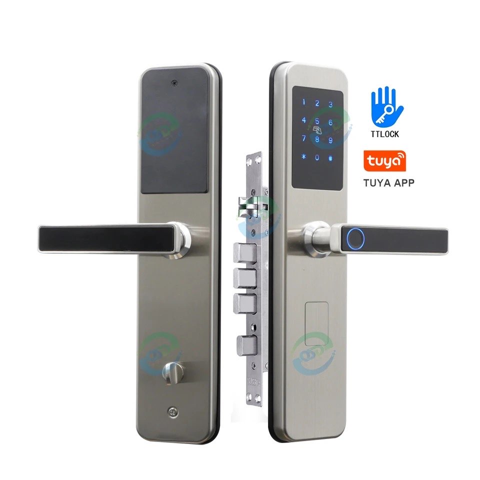 Умный электронный интеллектуальный биометрический смарт замок для входной двери отпечаток пальца, ключ, карта, Wi-fi, приложение Tuya Smart  Bluetooth  СЕРЫЙ